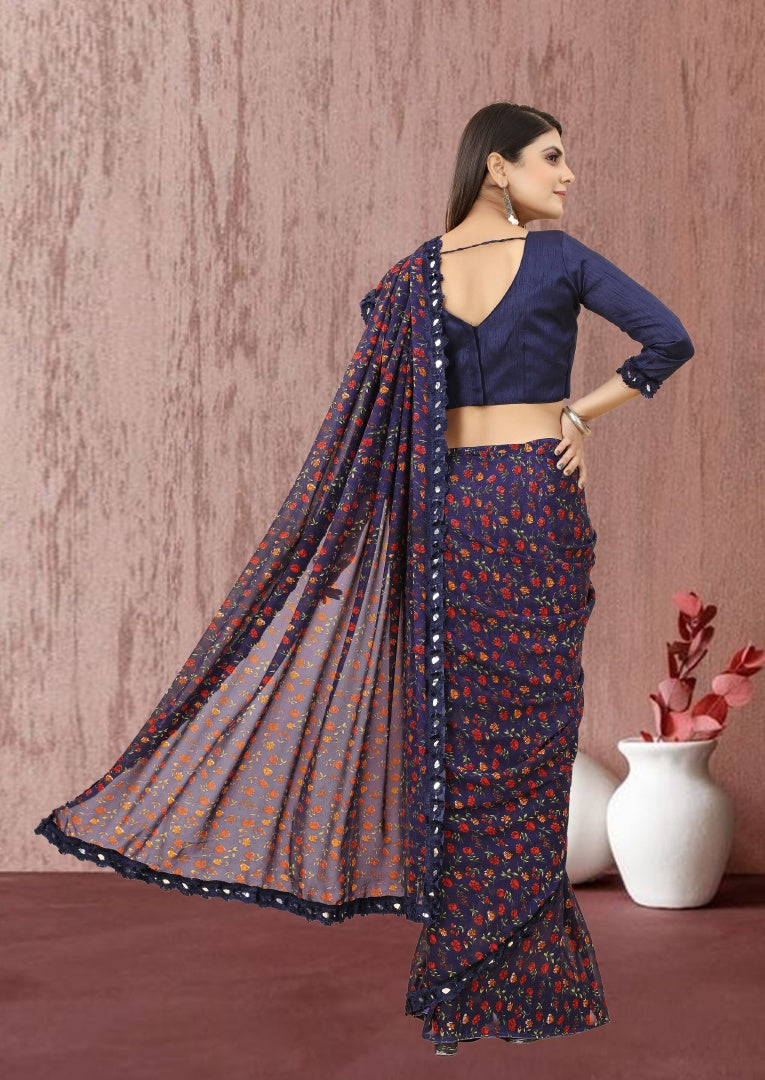 Classic Blue Georgette Printed Saree with Mirror Less Detailing & Banglori Blouse