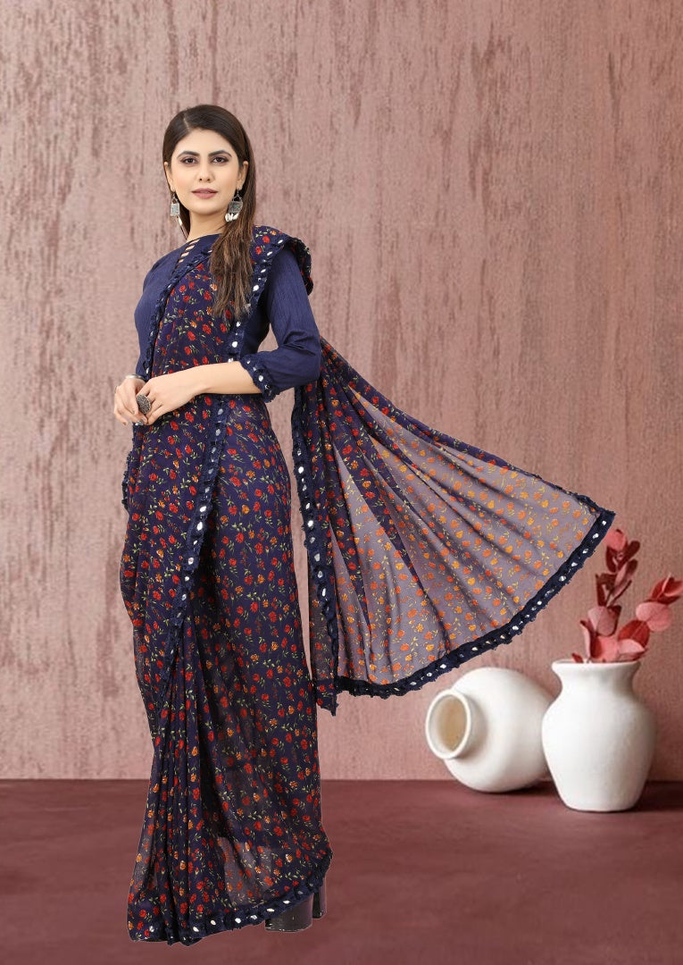 Classic Blue Georgette Printed Saree with Mirror Less Detailing & Banglori Blouse