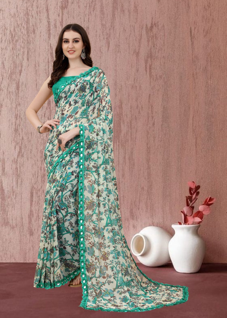 Floral Printed Georgette Saree with Mirror Less Design & Banglori Blouse
