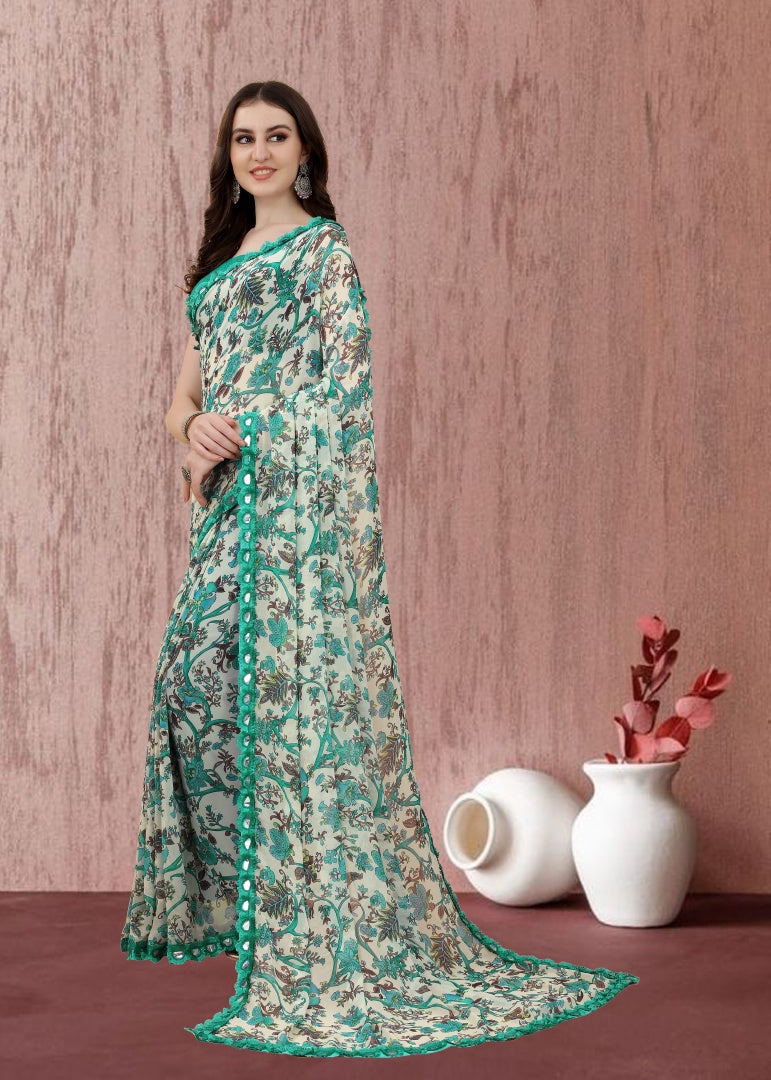 Floral Printed Georgette Saree with Mirror Less Design & Banglori Blouse