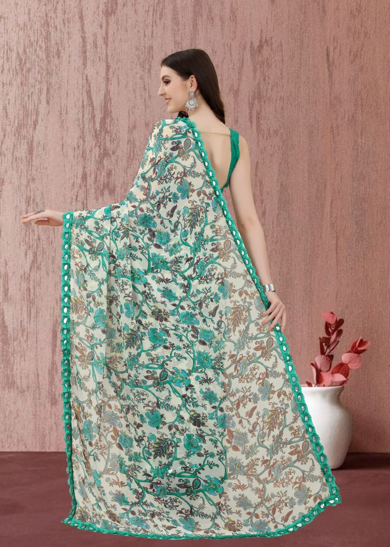 Floral Printed Georgette Saree with Mirror Less Design & Banglori Blouse