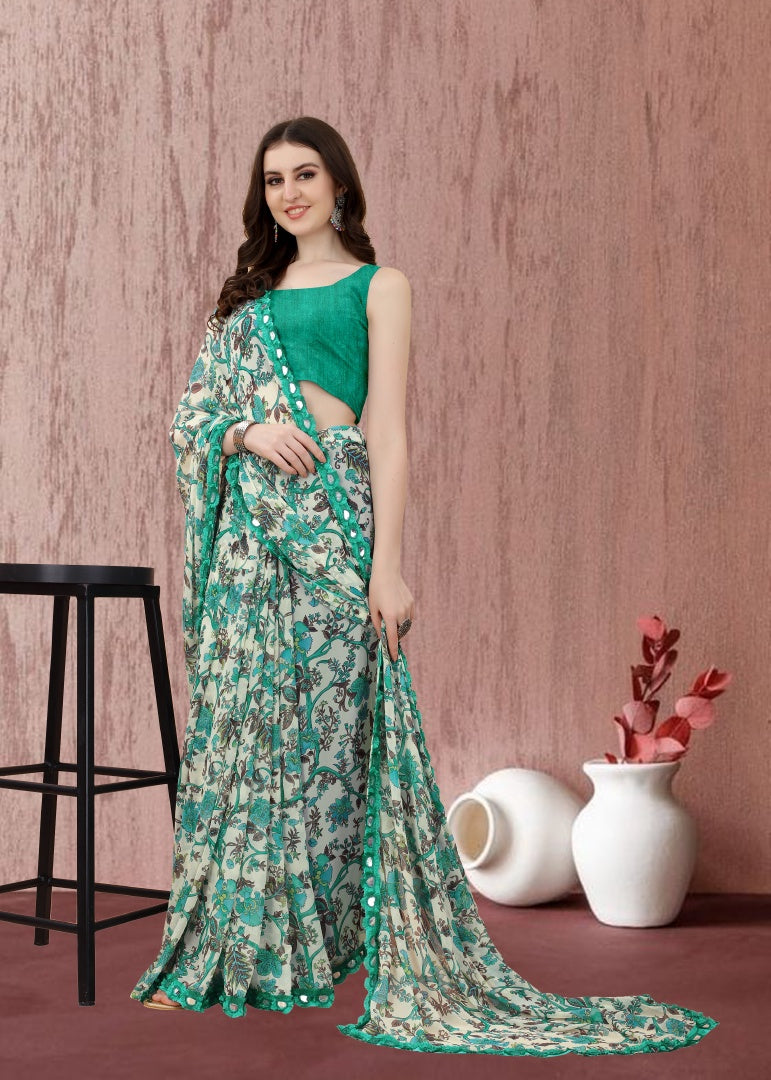 Floral Printed Georgette Saree with Mirror Less Design & Banglori Blouse