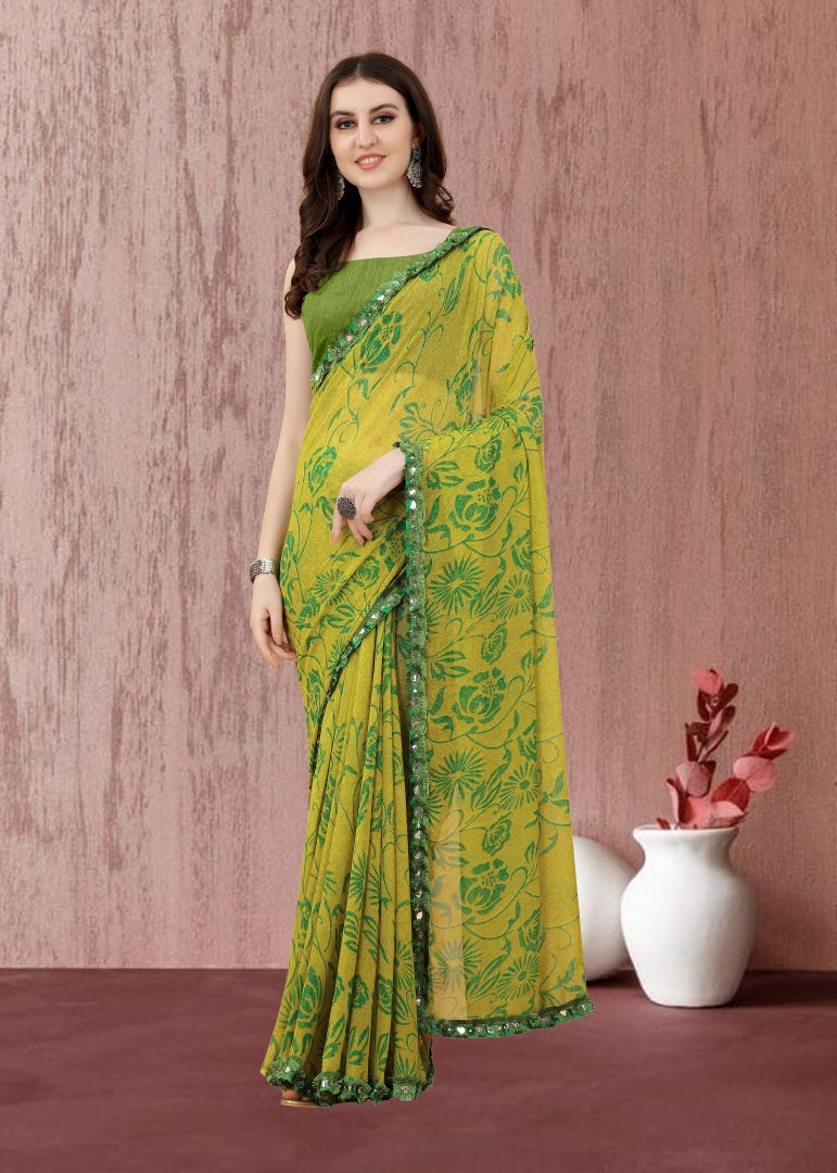 Elegant Olive Georgette Printed Saree with Mirror Less Design & Banglori Blouse