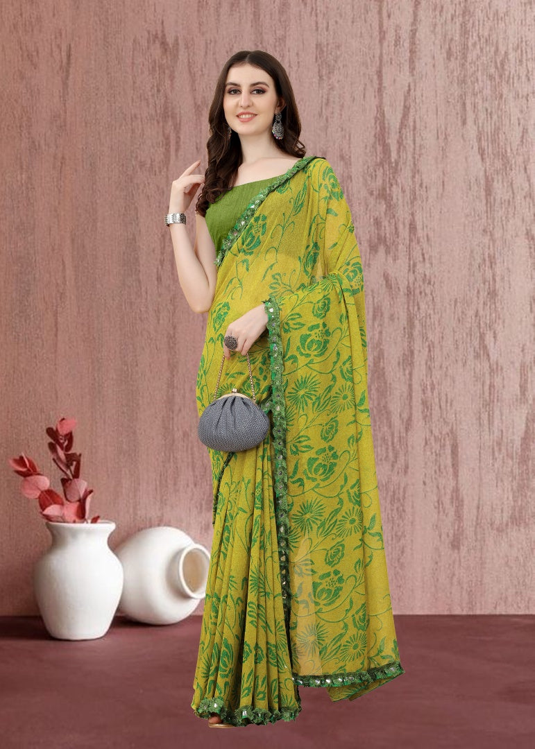 Elegant Olive Georgette Printed Saree with Mirror Less Design & Banglori Blouse