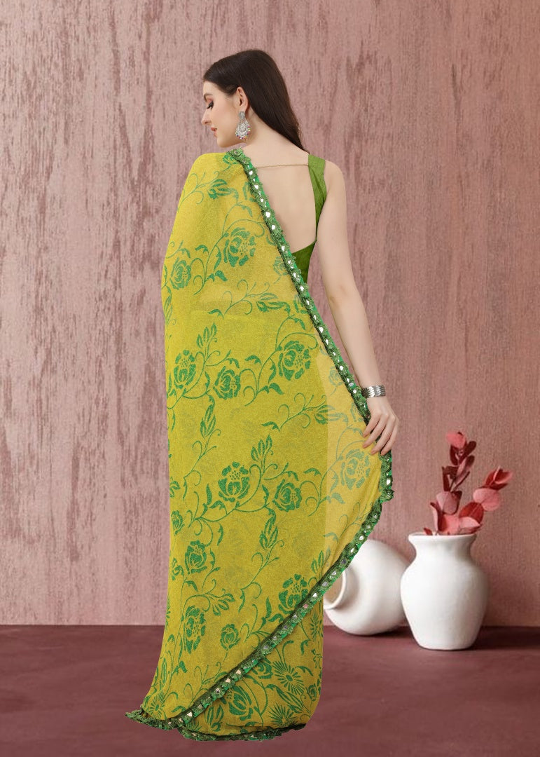 Elegant Olive Georgette Printed Saree with Mirror Less Design & Banglori Blouse