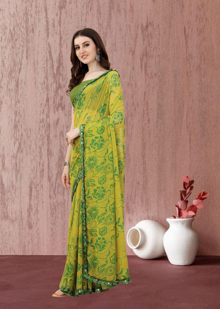 Elegant Olive Georgette Printed Saree with Mirror Less Design & Banglori Blouse