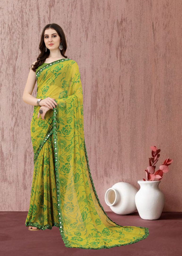 Elegant Olive Georgette Printed Saree with Mirror Less Design & Banglori Blouse