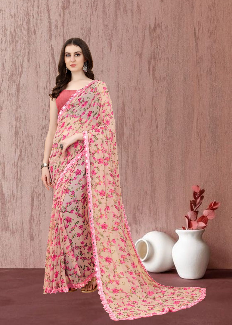 Pink Floral Georgette Printed Saree with Mirror Less Work & Banglori Blouse