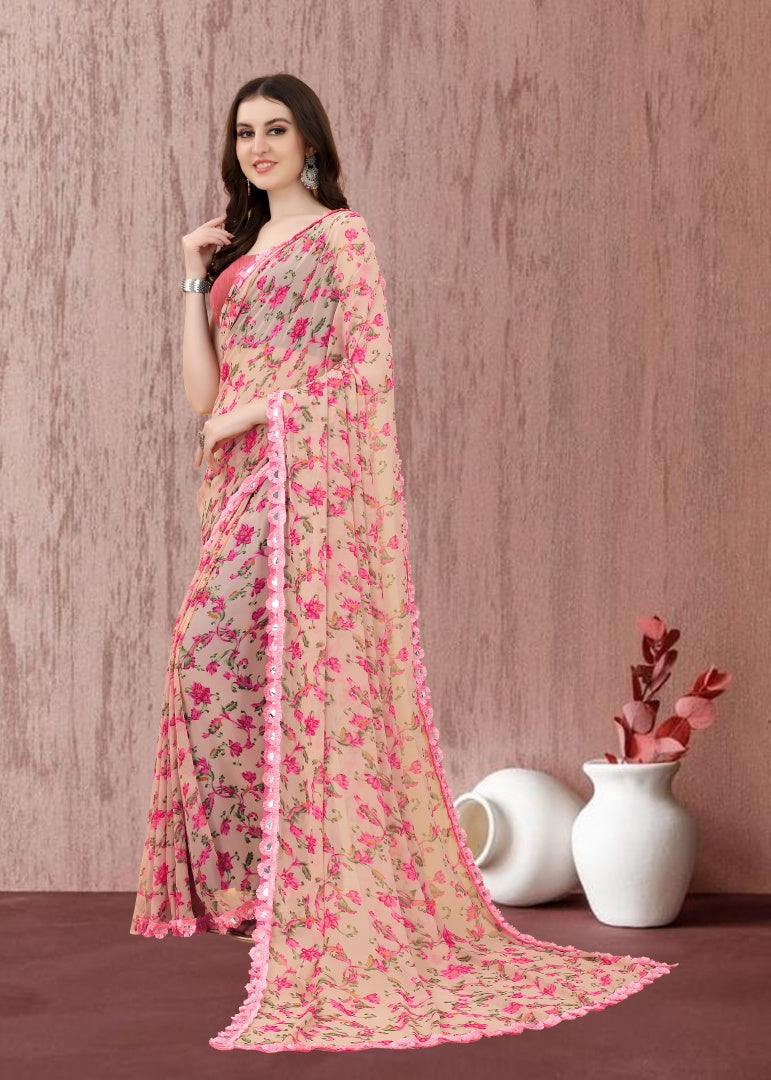 Pink Floral Georgette Printed Saree with Mirror Less Work & Banglori Blouse