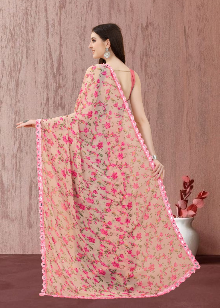 Pink Floral Georgette Printed Saree with Mirror Less Work & Banglori Blouse