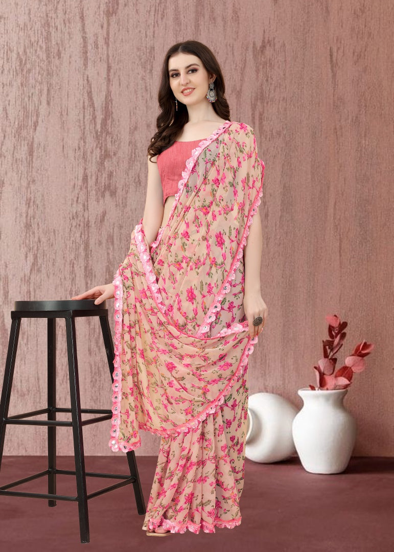 Pink Floral Georgette Printed Saree with Mirror Less Work & Banglori Blouse