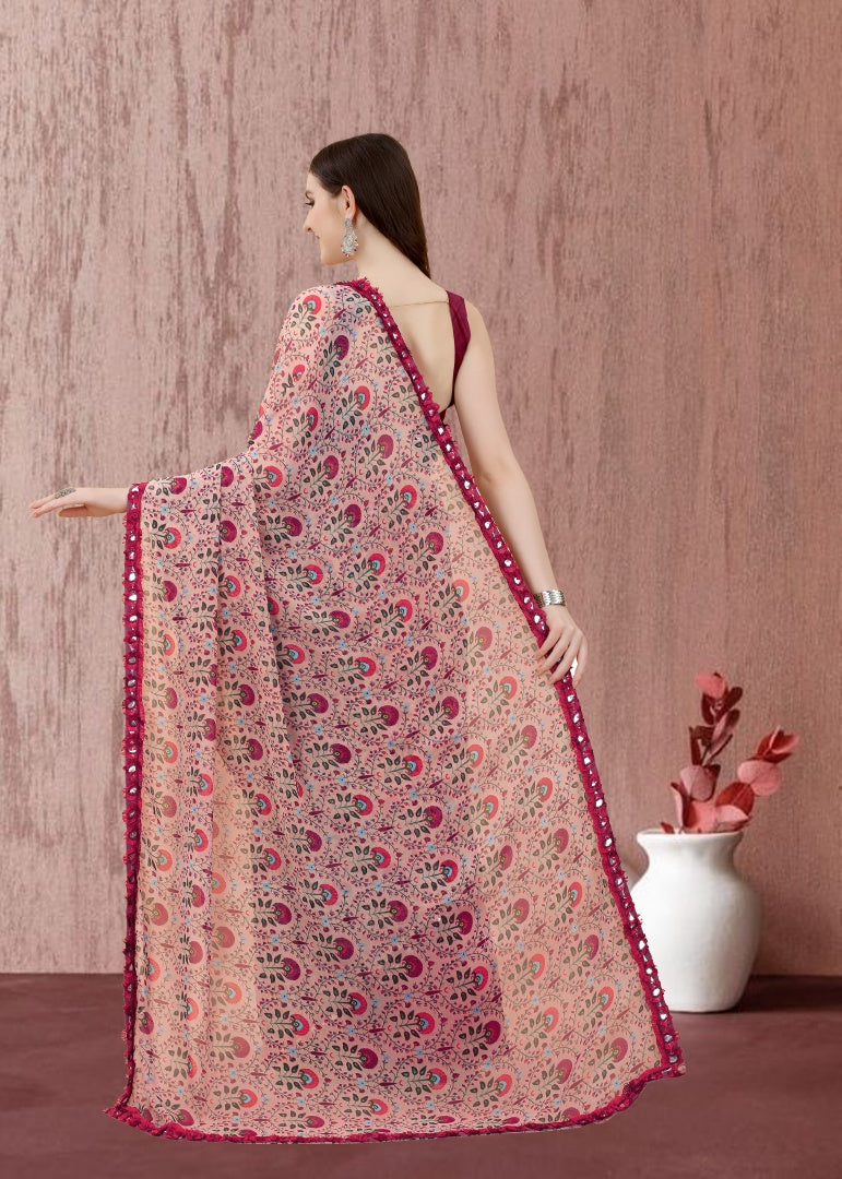 Red Floral Georgette Printed Saree with Mirror Less Work & Banglori Blouse