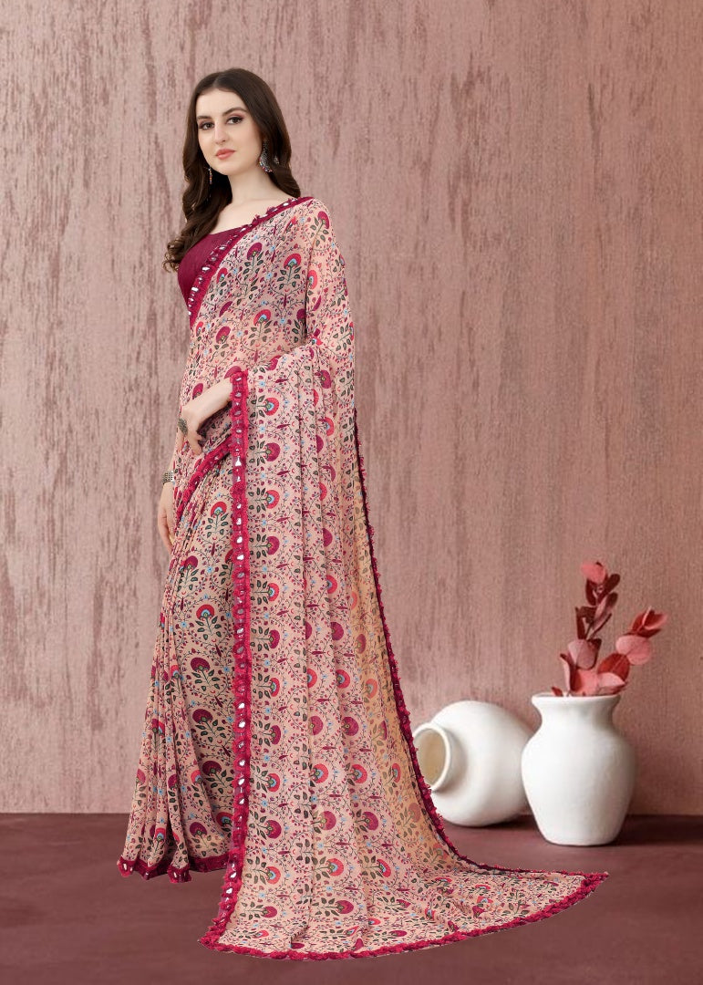 Red Floral Georgette Printed Saree with Mirror Less Work & Banglori Blouse