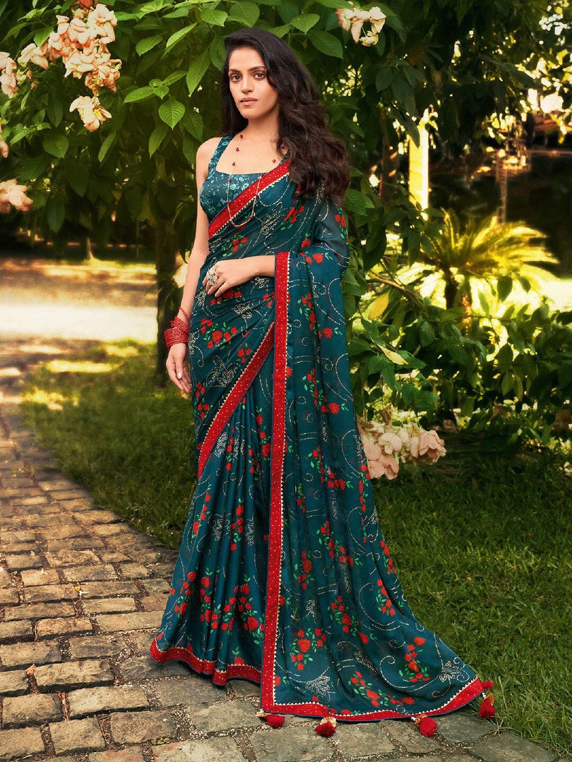Elegant Rama Chiffon Printed Saree with Foil Work & Matching Chiffon Blouse