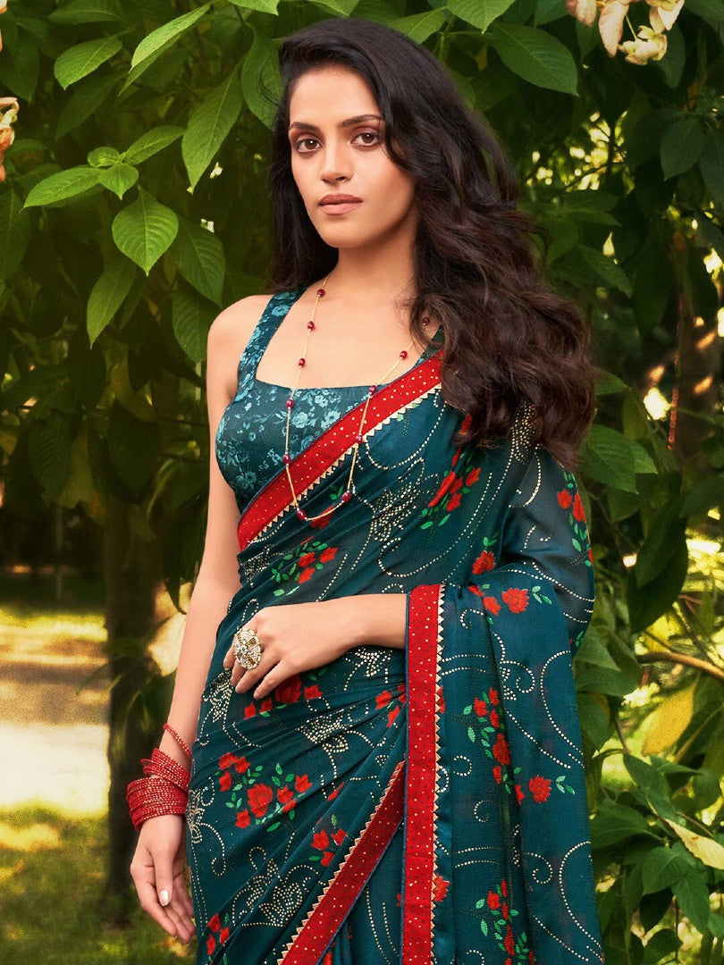 Elegant Rama Chiffon Printed Saree with Foil Work & Matching Chiffon Blouse