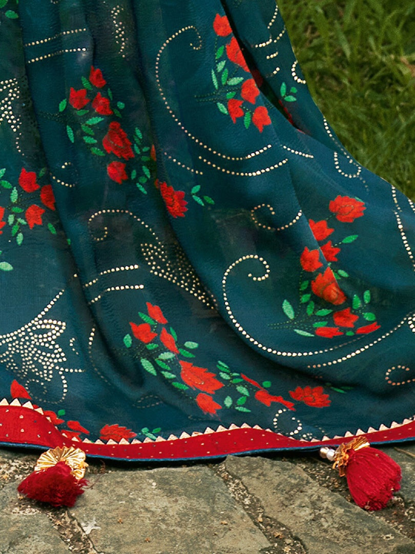 Elegant Rama Chiffon Printed Saree with Foil Work & Matching Chiffon Blouse