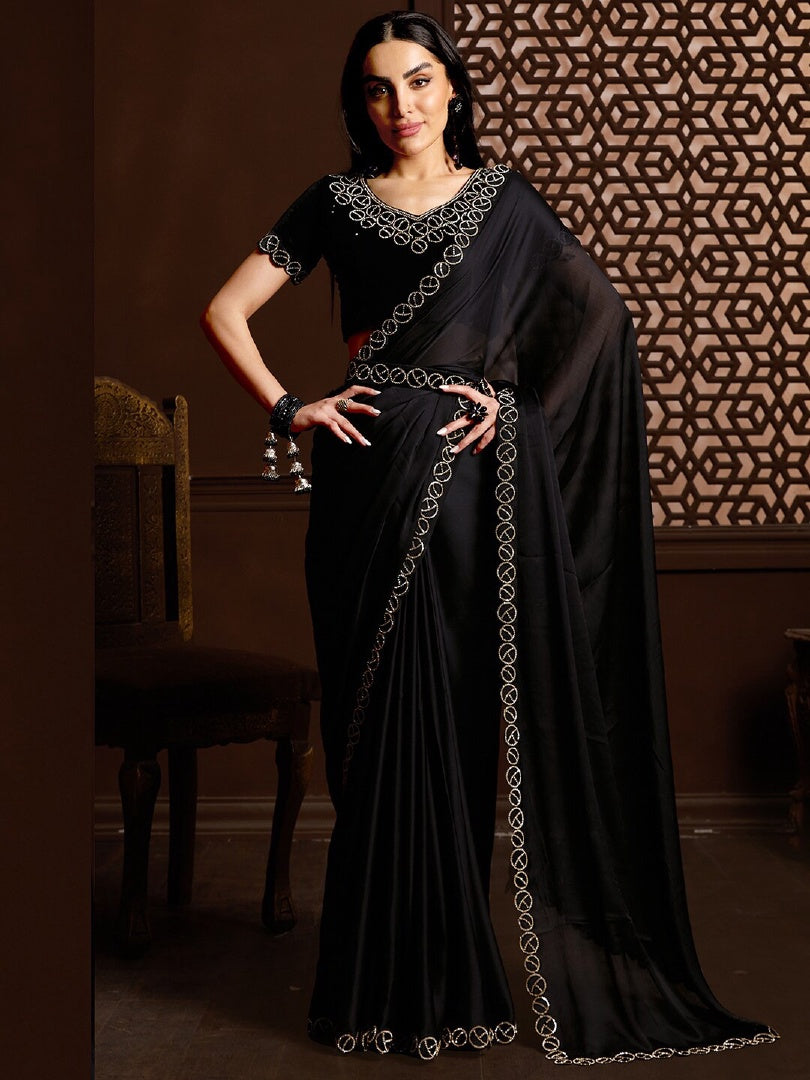 Elegant Black Satin Chiffon Saree with Stone Work & Matching Stone Work Blouse