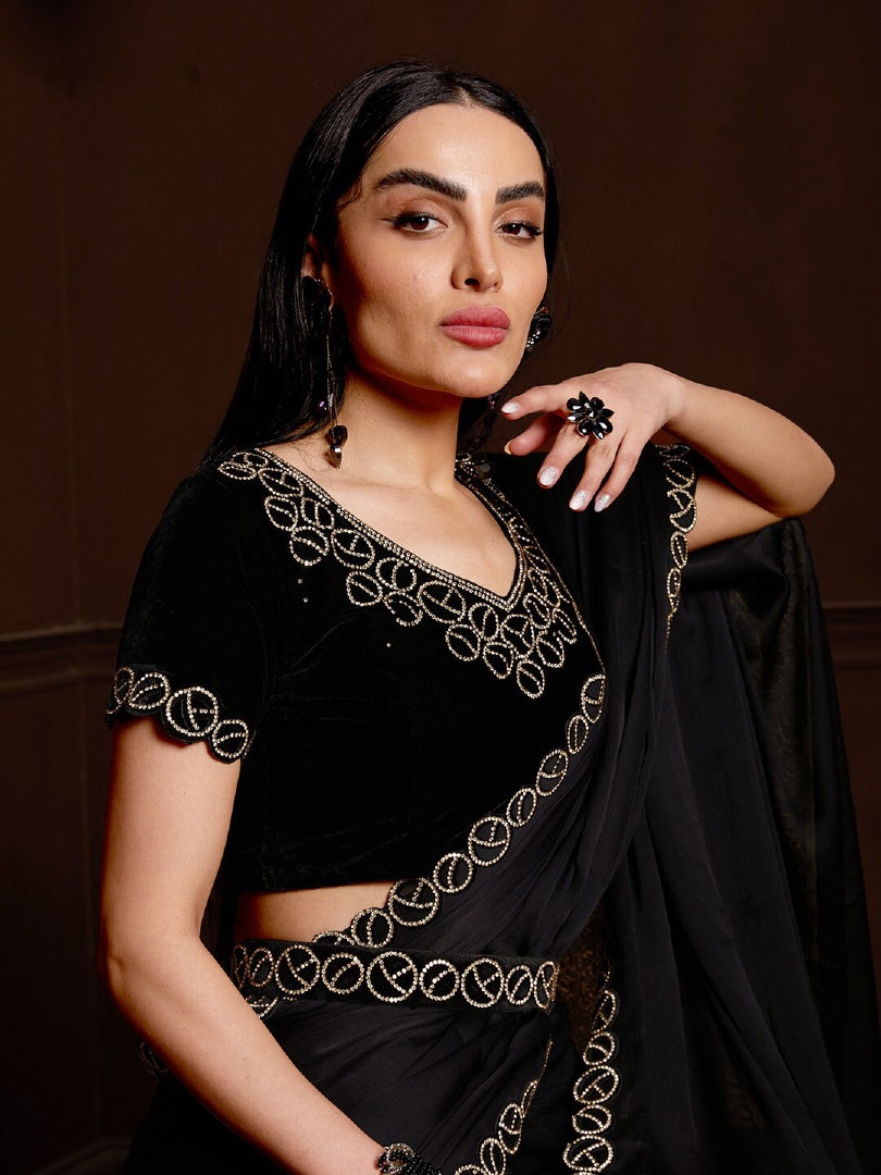Elegant Black Satin Chiffon Saree with Stone Work & Matching Stone Work Blouse