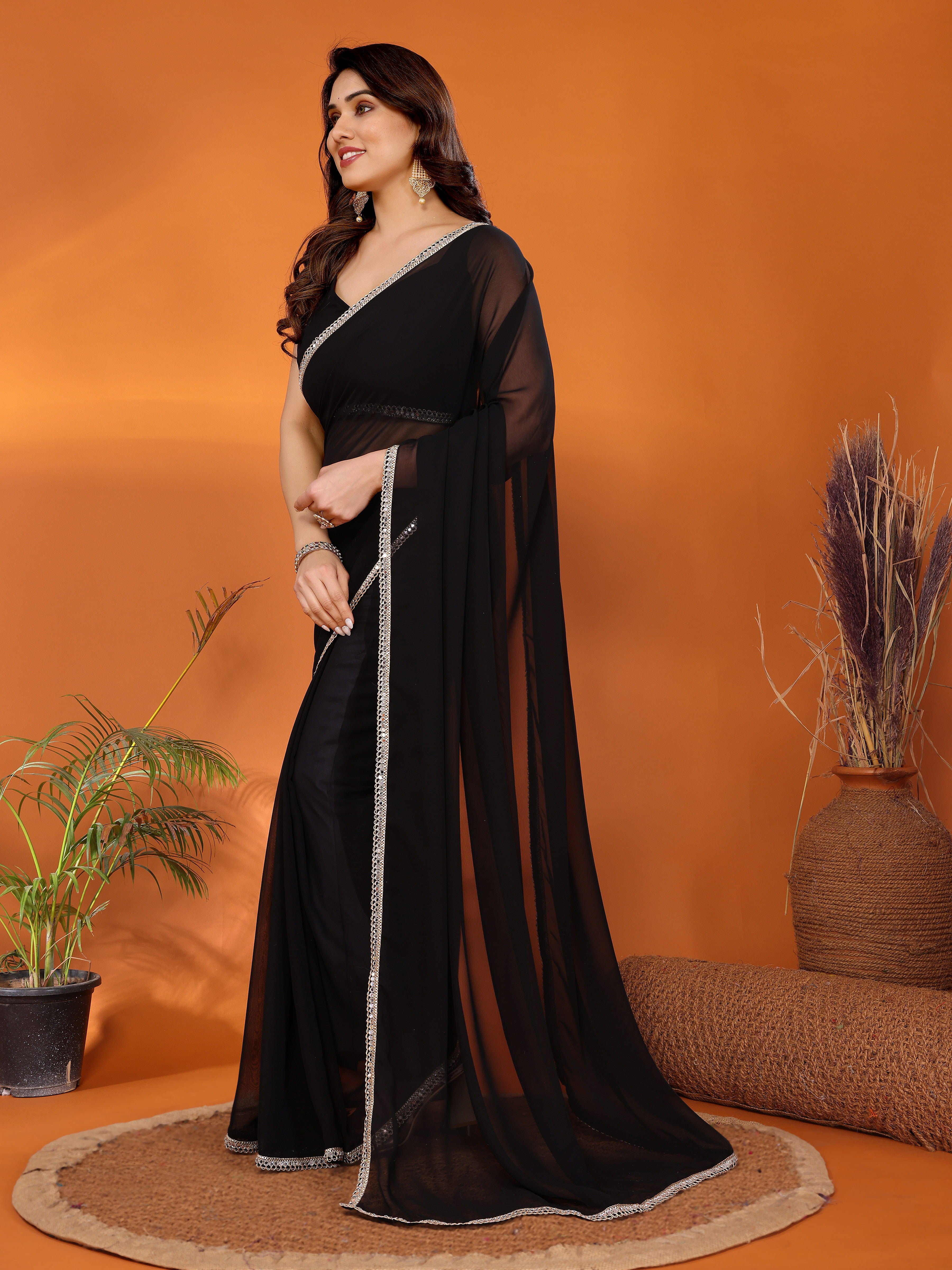 Black Solid Georgette Saree with Mirror Border & Matching Georgette Blouse