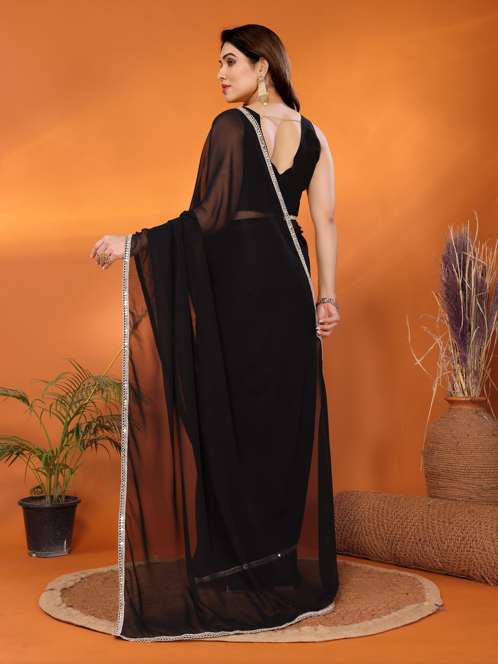 Black Solid Georgette Saree with Mirror Border & Matching Georgette Blouse