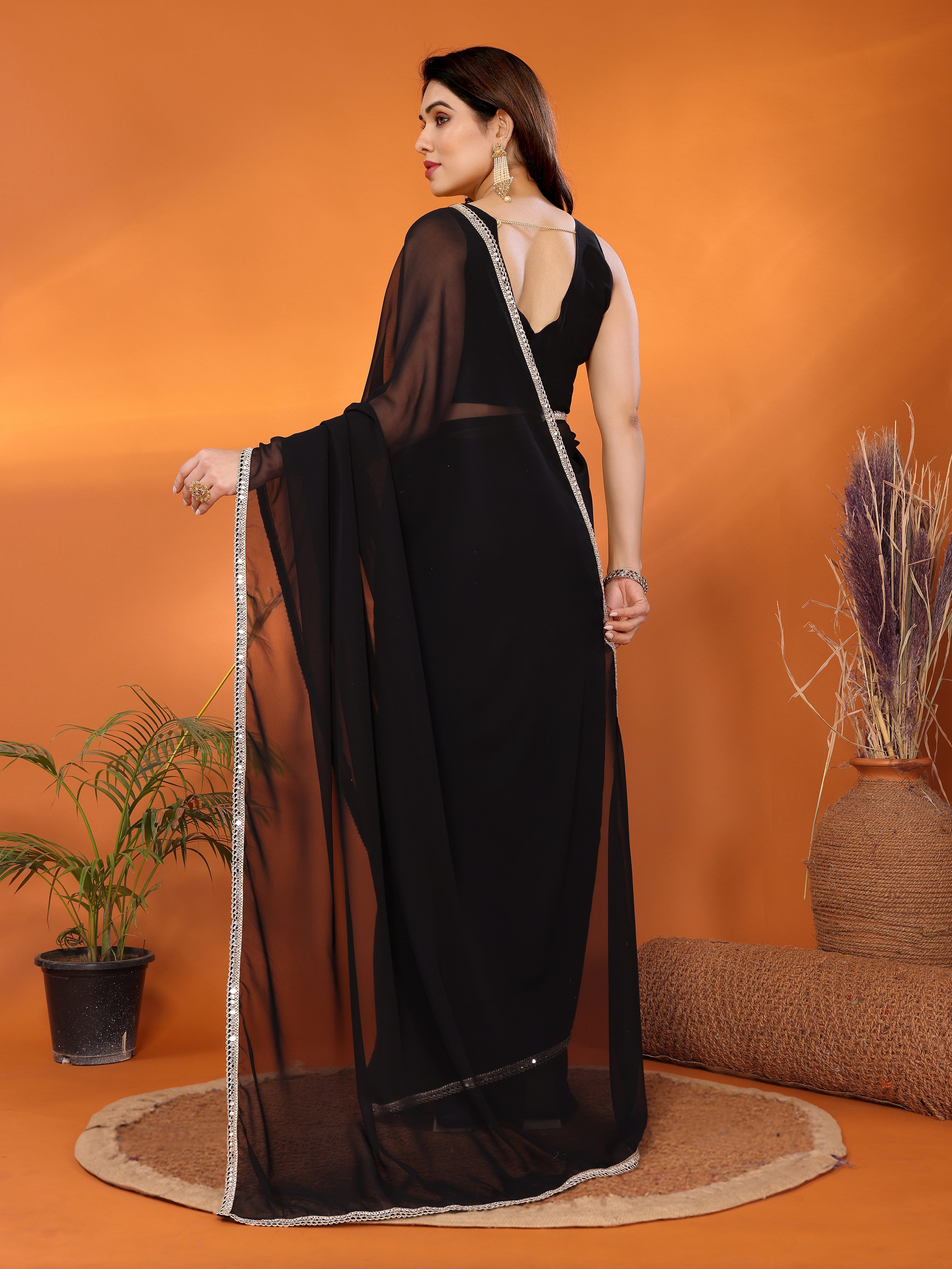 Black Solid Georgette Saree with Mirror Border & Matching Georgette Blouse