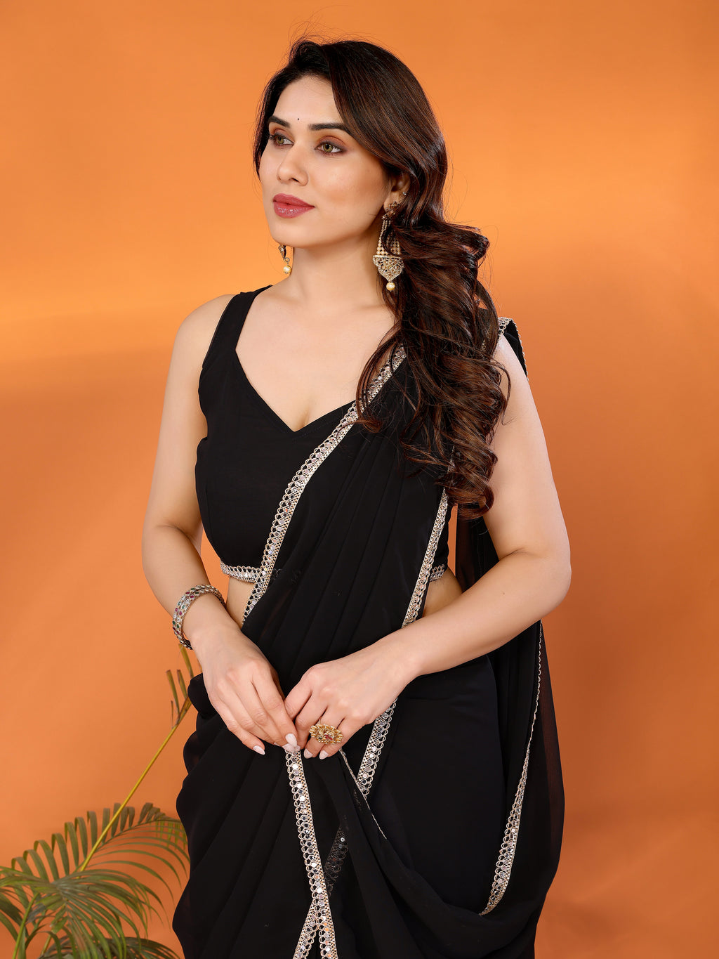 Black Solid Georgette Saree with Mirror Border & Matching Georgette Blouse