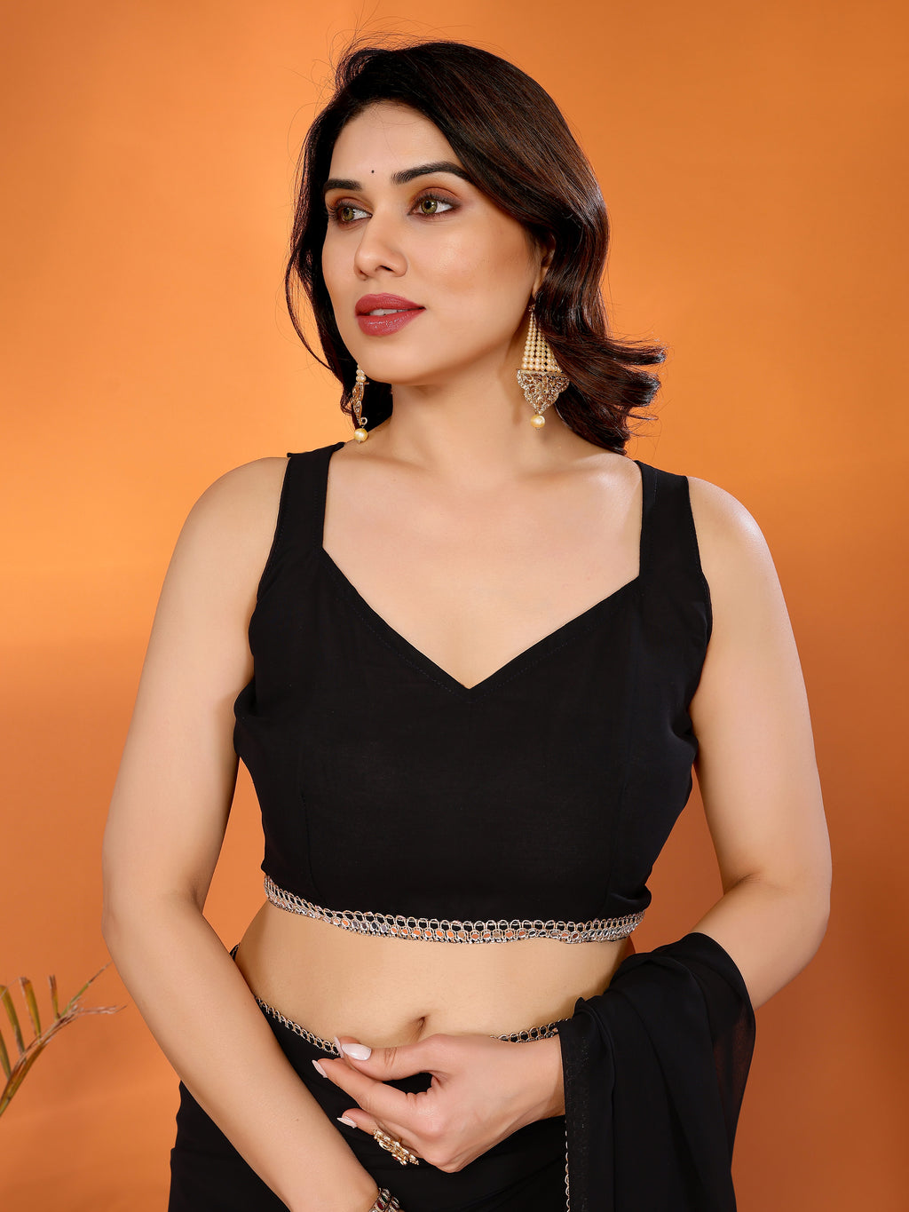 Black Solid Georgette Saree with Mirror Border & Matching Georgette Blouse