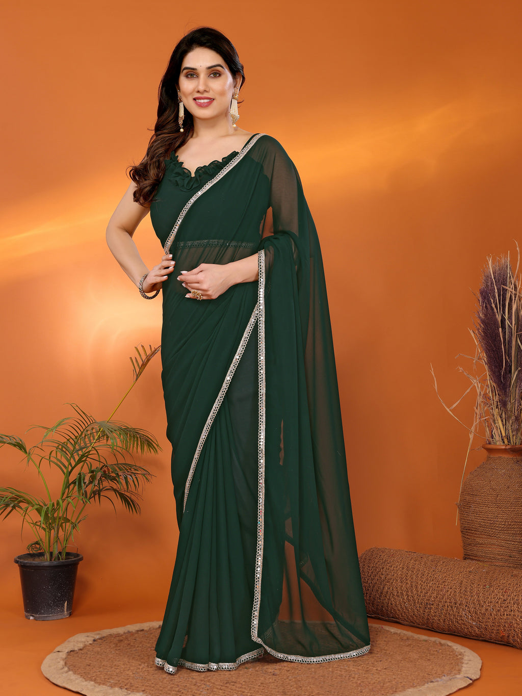 Green Solid Georgette Mirror Border Saree with Matching Blouse