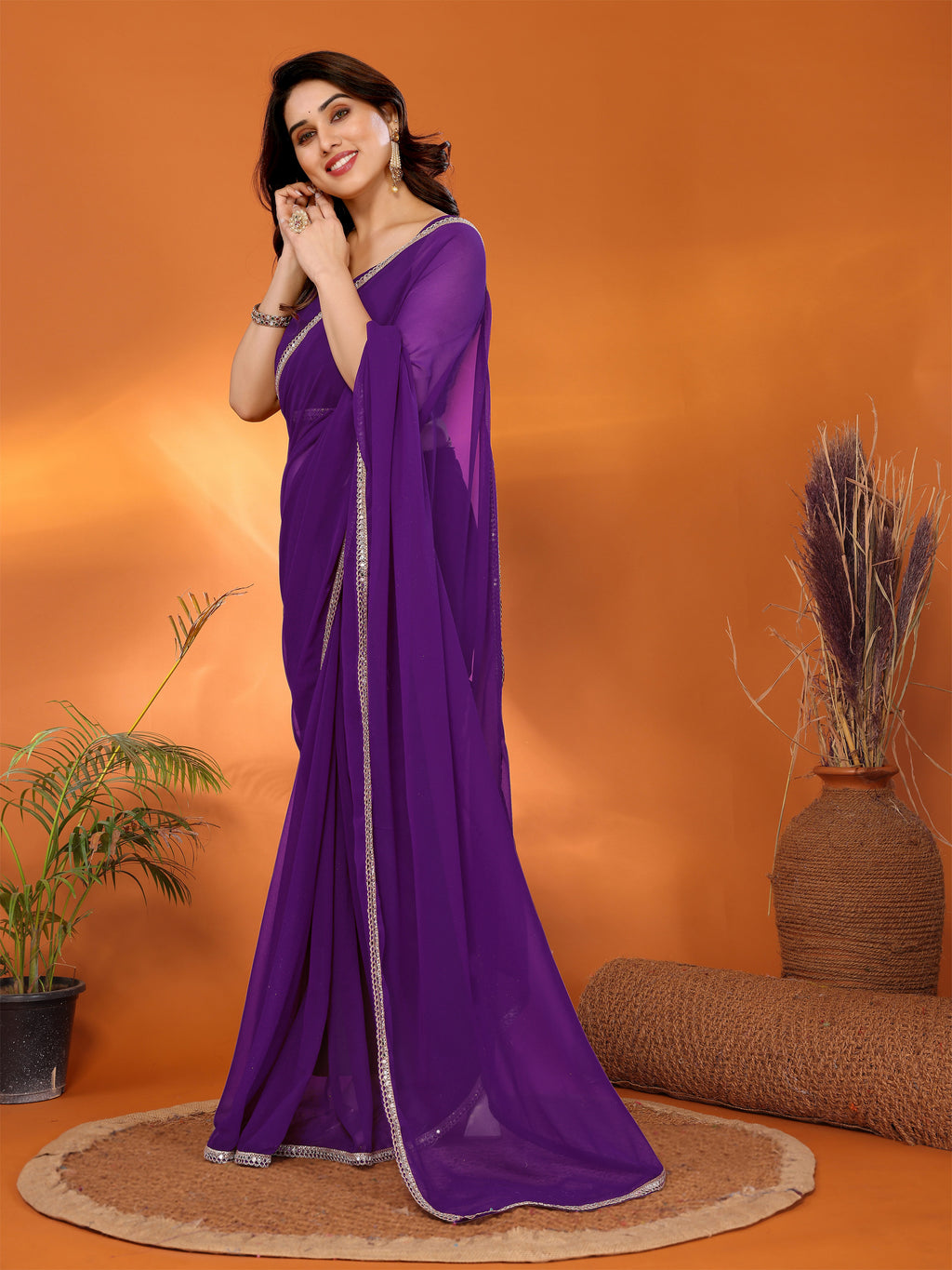 Jamuni Solid Georgette Mirror Border Saree with Matching Blouse