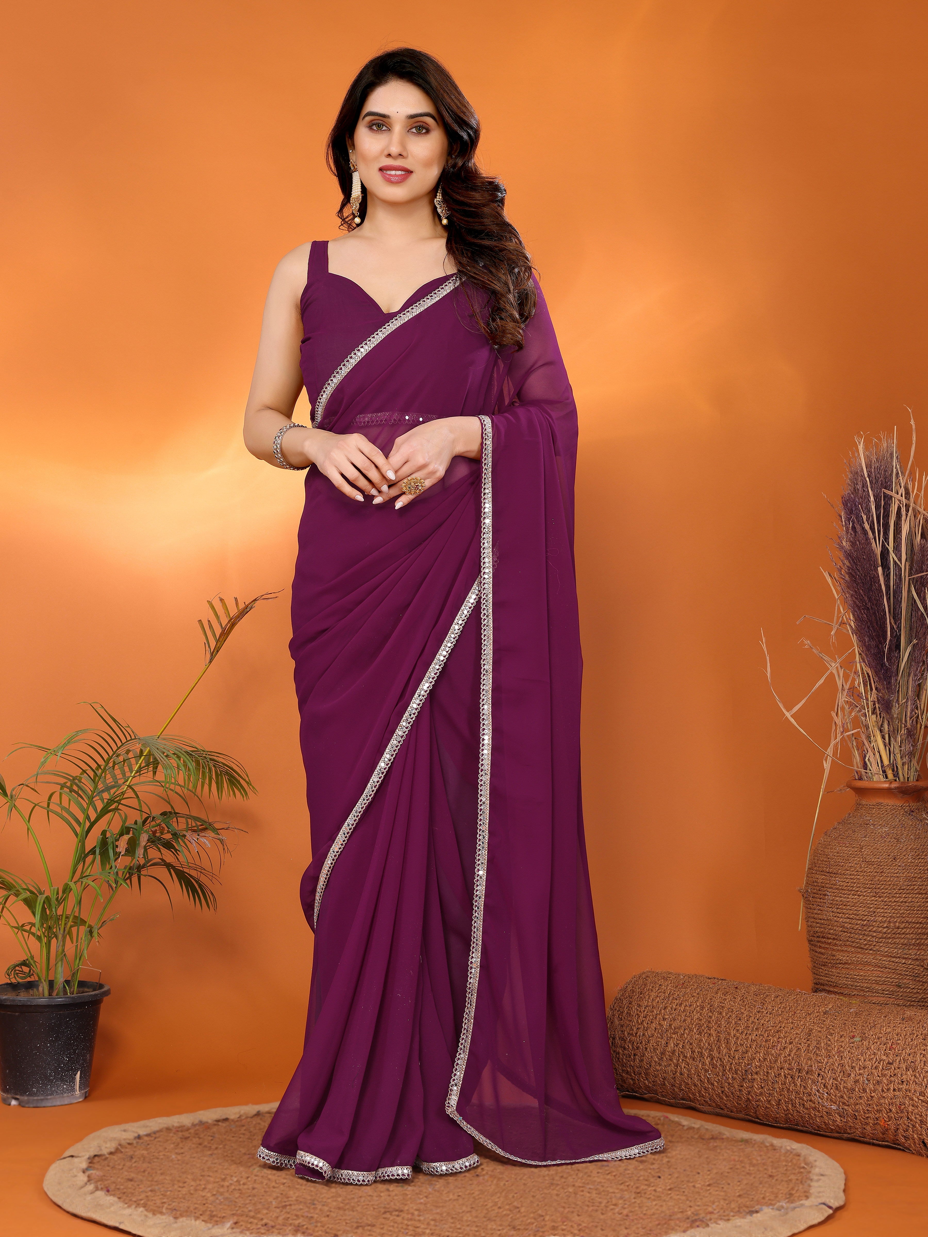 Purple Solid Georgette Saree with Mirror Work Border & Georgette Blouse