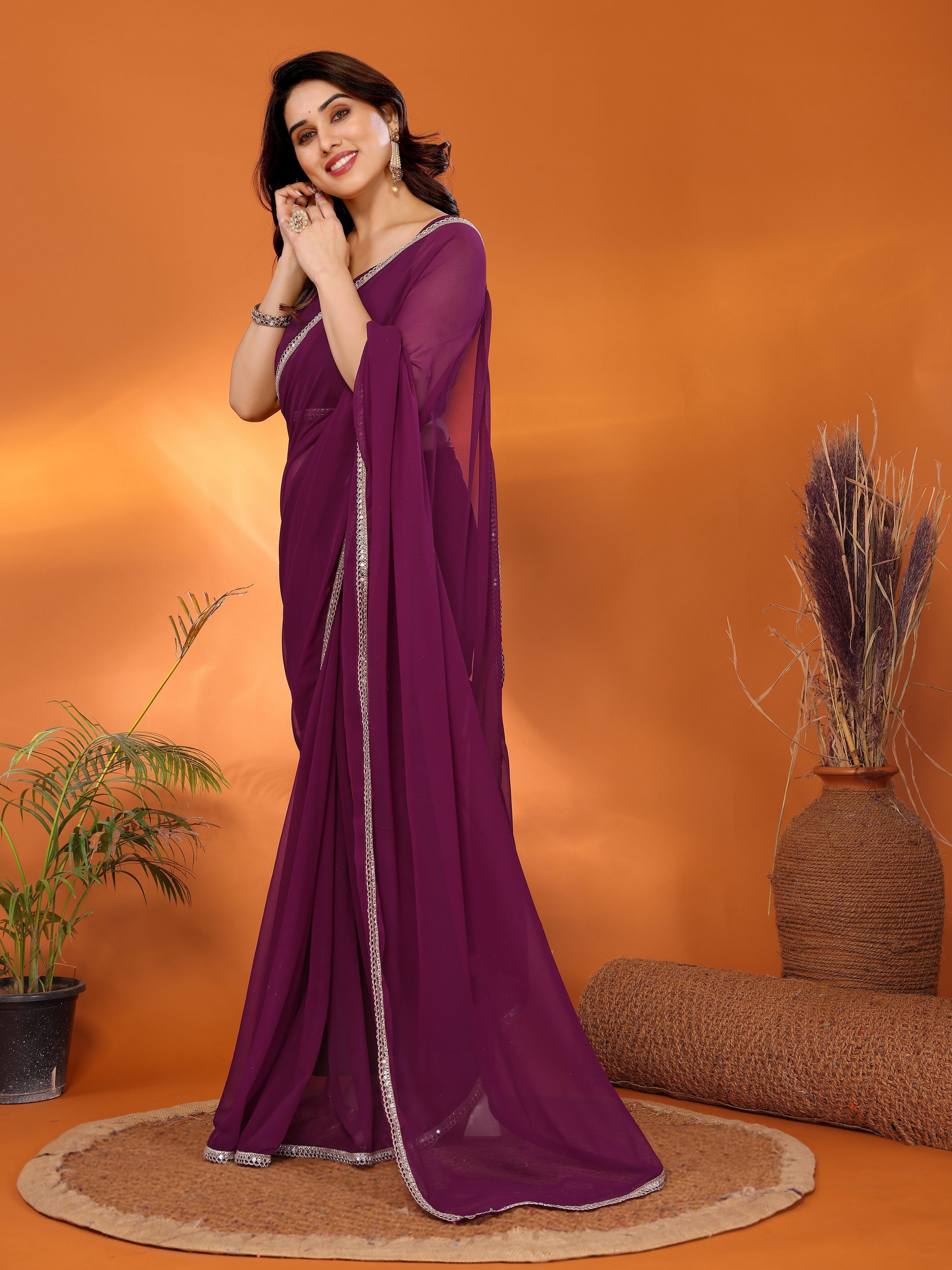 Purple Solid Georgette Saree with Mirror Work Border & Georgette Blouse