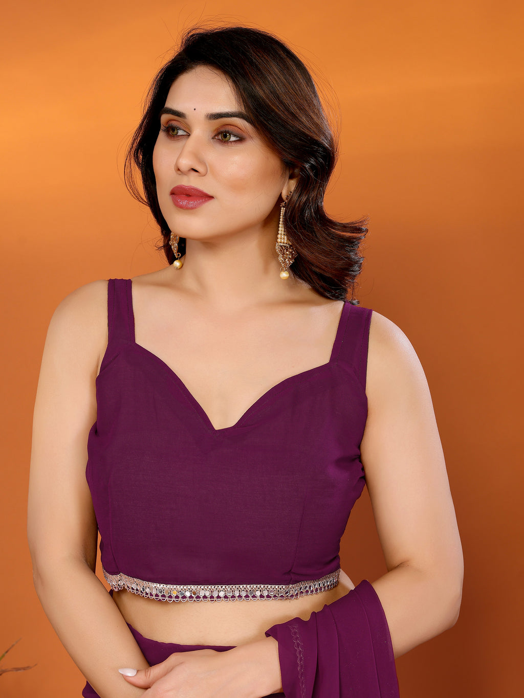 Purple Solid Georgette Saree with Mirror Work Border & Georgette Blouse