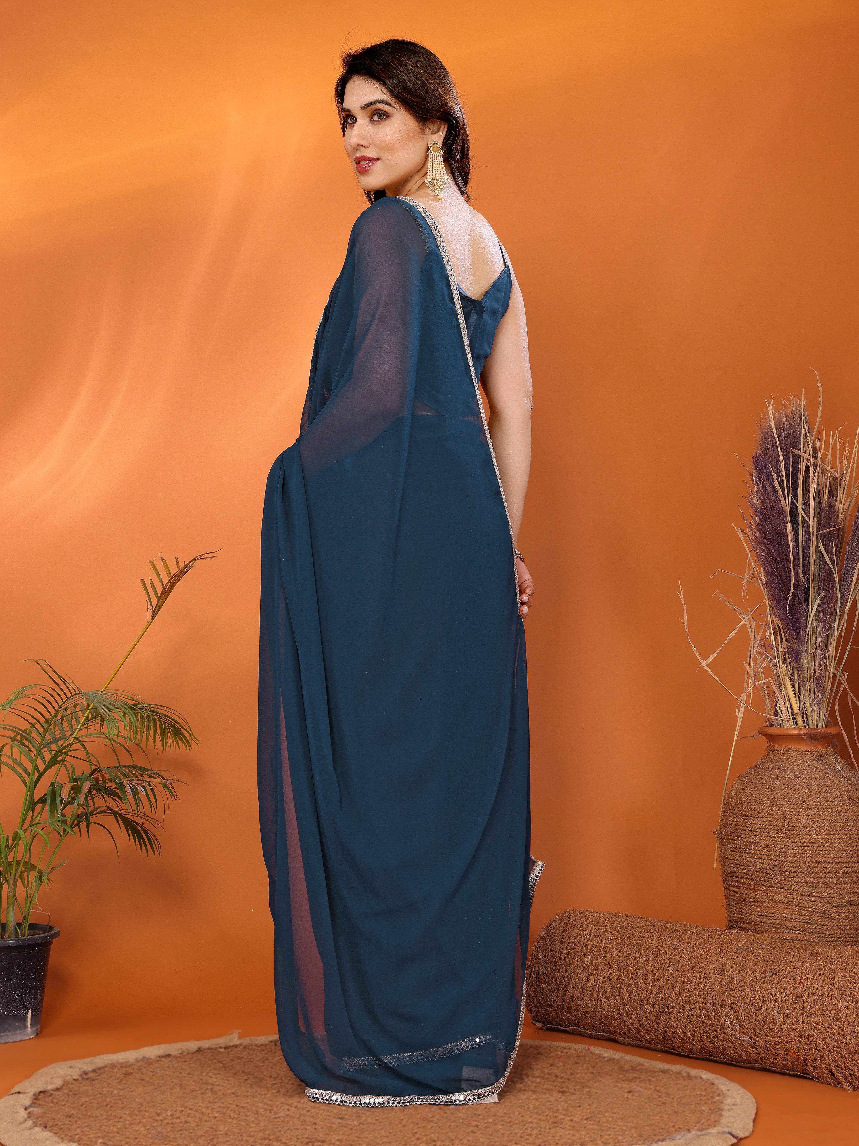 Rama Solid Georgette Saree with Mirror Border & Matching Blouse Piece