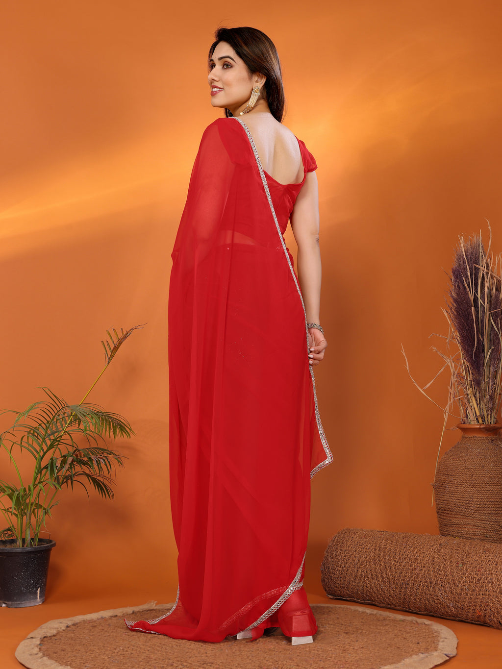 Red Solid Georgette Saree with Mirror Border & Matching Blouse