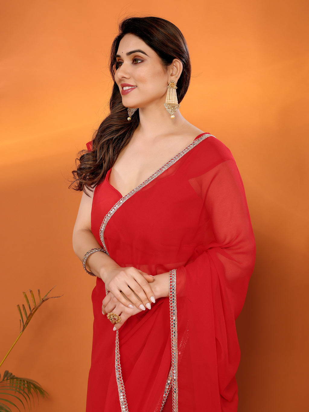 Red Solid Georgette Saree with Mirror Border & Matching Blouse