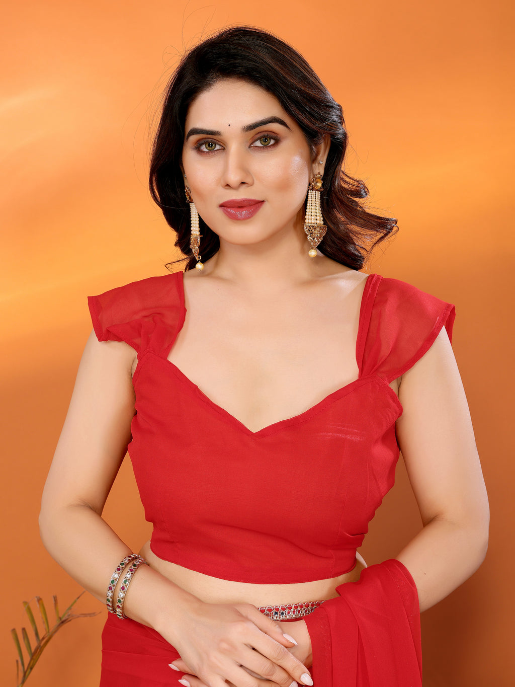 Red Solid Georgette Saree with Mirror Border & Matching Blouse