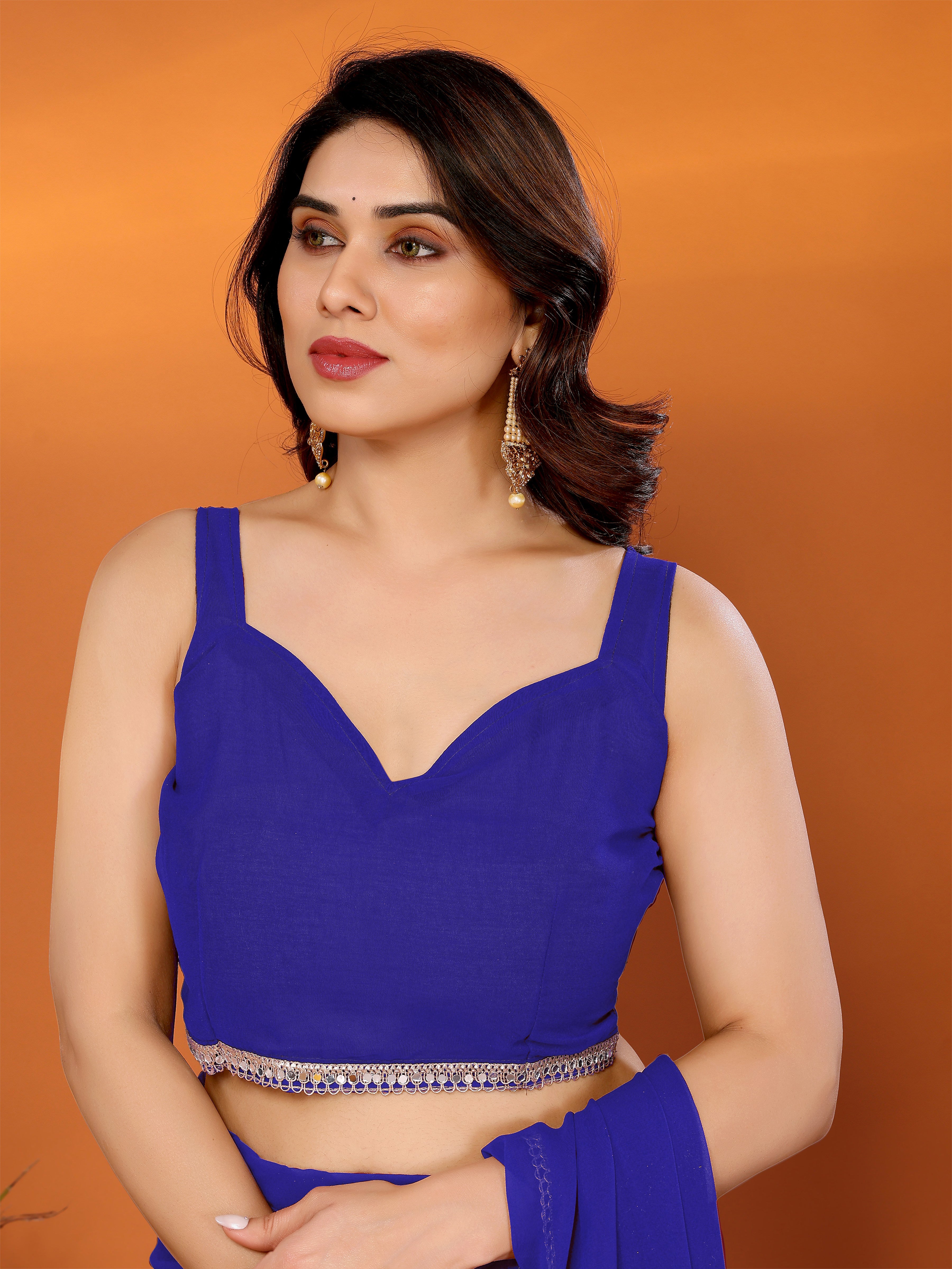 Royal Blue Solid Georgette Saree with Mirror Border & Georgette Blouse