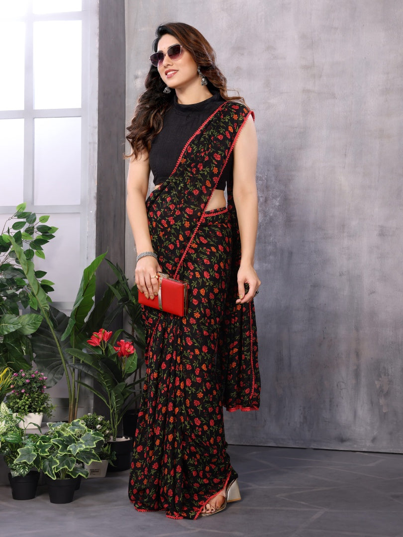 Black Printed Georgette Ready-to-Wear Saree for Women with Bagnlori Blouse