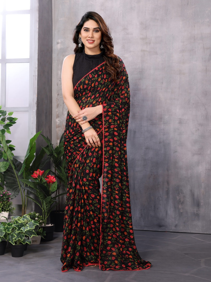 Black Printed Georgette Ready-to-Wear Saree for Women with Bagnlori Blouse