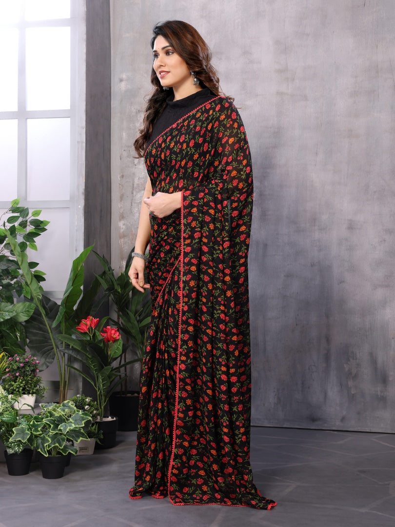 Black Printed Georgette Ready-to-Wear Saree for Women with Bagnlori Blouse