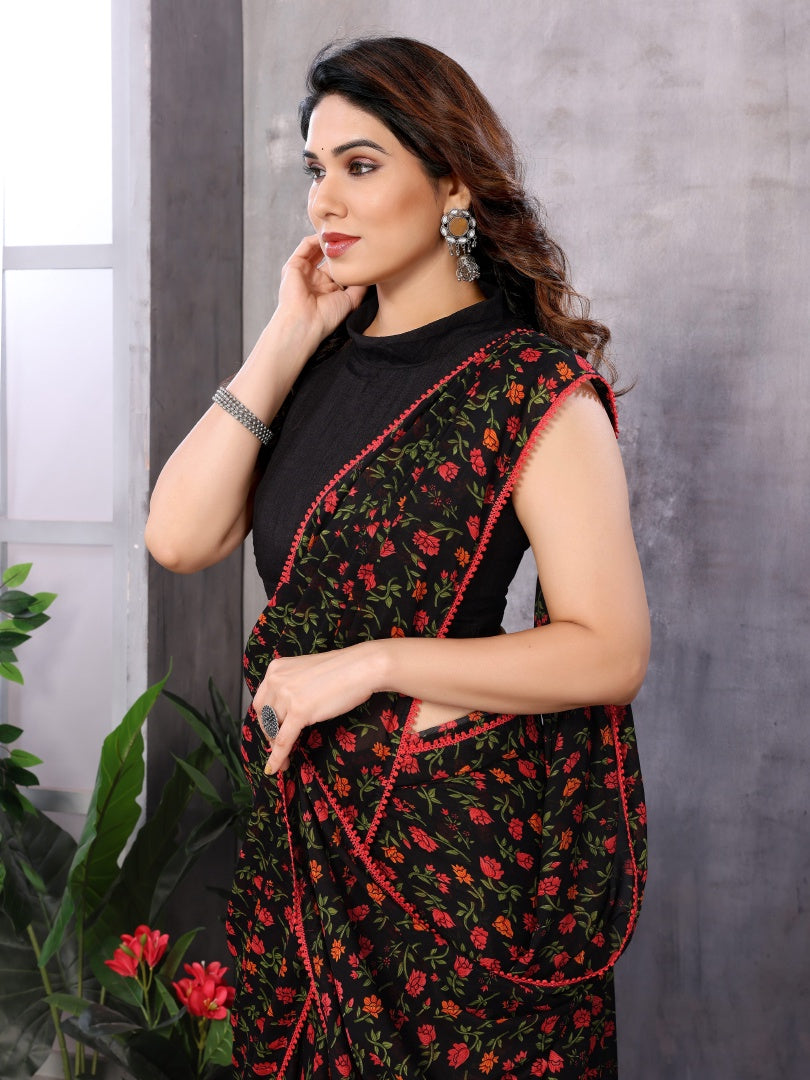 Black Printed Georgette Ready-to-Wear Saree for Women with Bagnlori Blouse