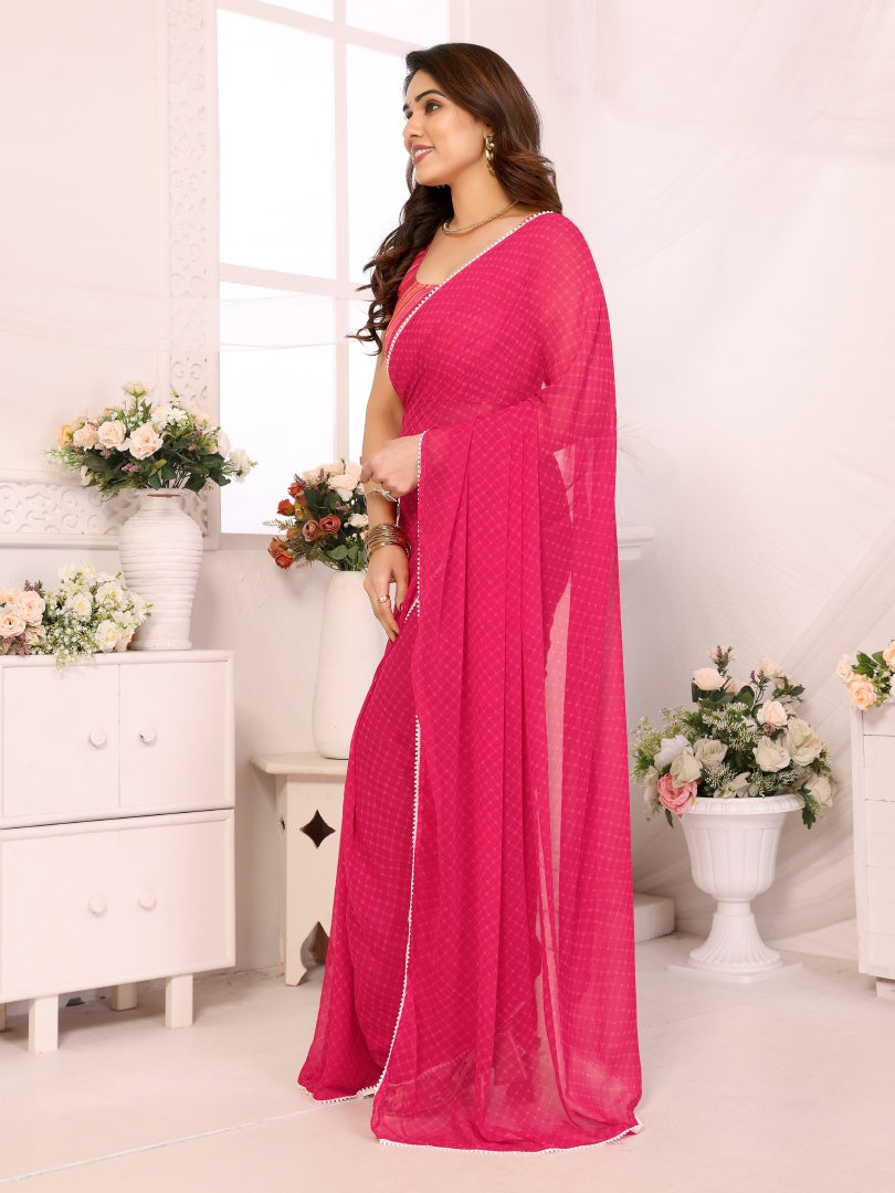 Dark Pink Printed Georgette Ready-to-Wear Saree for Women with Bagnlori Blouse