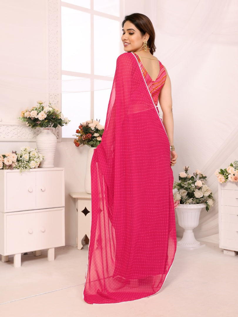 Dark Pink Printed Georgette Ready-to-Wear Saree for Women with Bagnlori Blouse