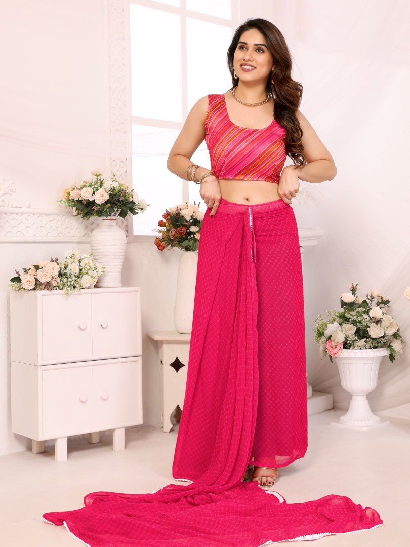 Dark Pink Printed Georgette Ready-to-Wear Saree for Women with Bagnlori Blouse