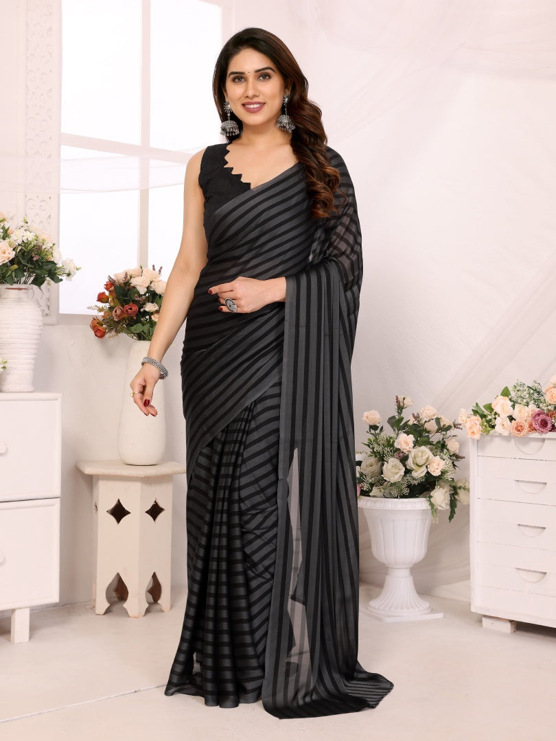 Grey Black Printed Ready-to-Wear Satin Saree for Women with Bagnlori Blouse