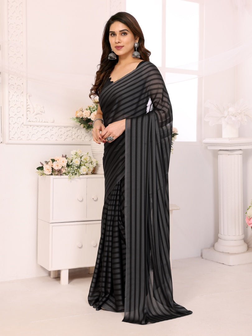 Grey Black Printed Ready-to-Wear Satin Saree for Women with Bagnlori Blouse