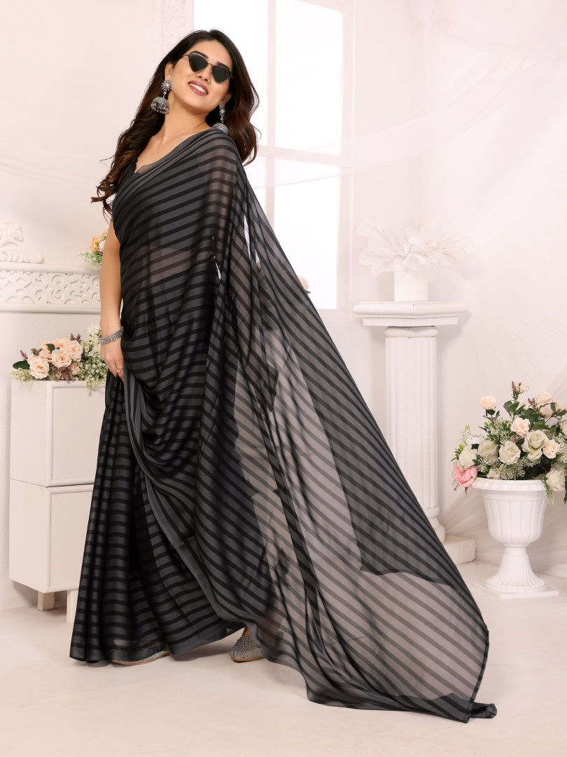 Grey Black Printed Ready-to-Wear Satin Saree for Women with Bagnlori Blouse