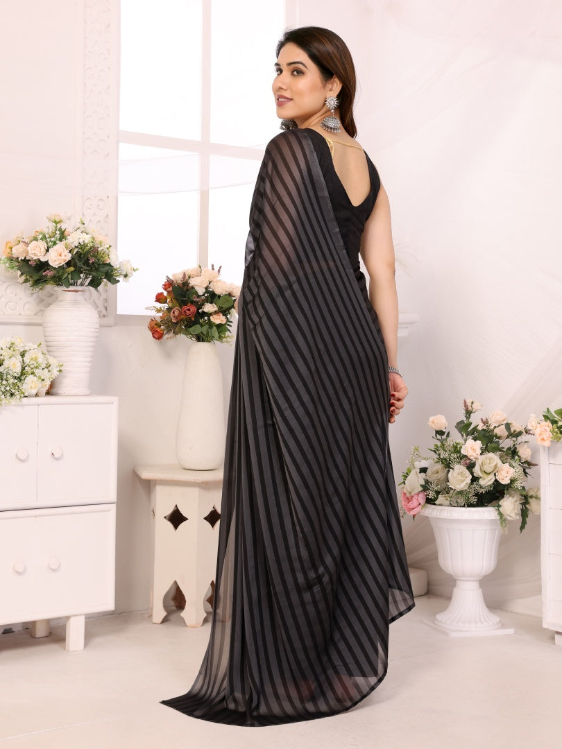 Grey Black Printed Ready-to-Wear Satin Saree for Women with Bagnlori Blouse