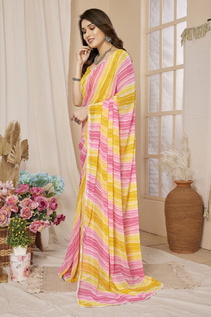 Lemon Printed Georgette Ready-to-Wear Saree for Women with Bagnlori Blouse