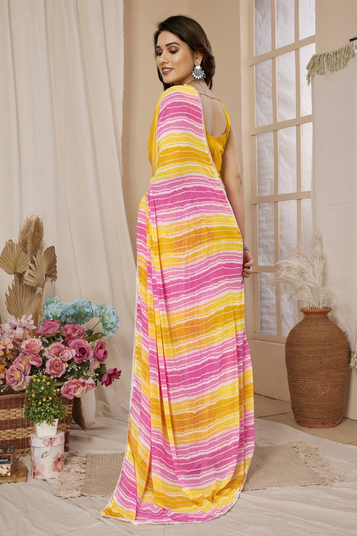 Lemon Printed Georgette Ready-to-Wear Saree for Women with Bagnlori Blouse